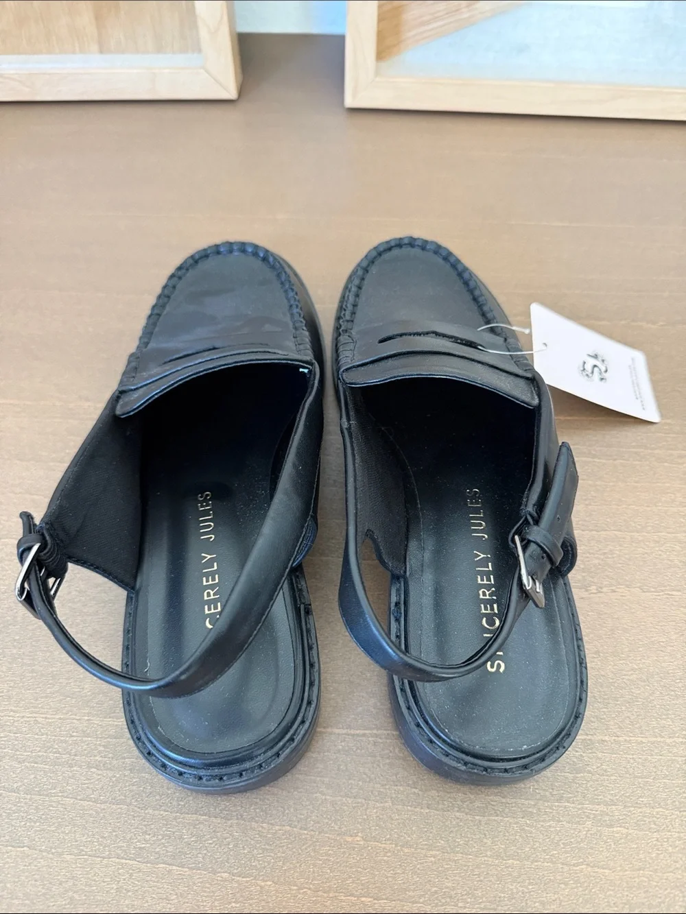 NWT Sincerely Jules Black Leather Slingback Penny Loafers